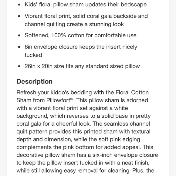 Floral Cotton Reversible Sham-Pillowfort:Coral Pink, Botanical Pattern - Picture 6 of 6